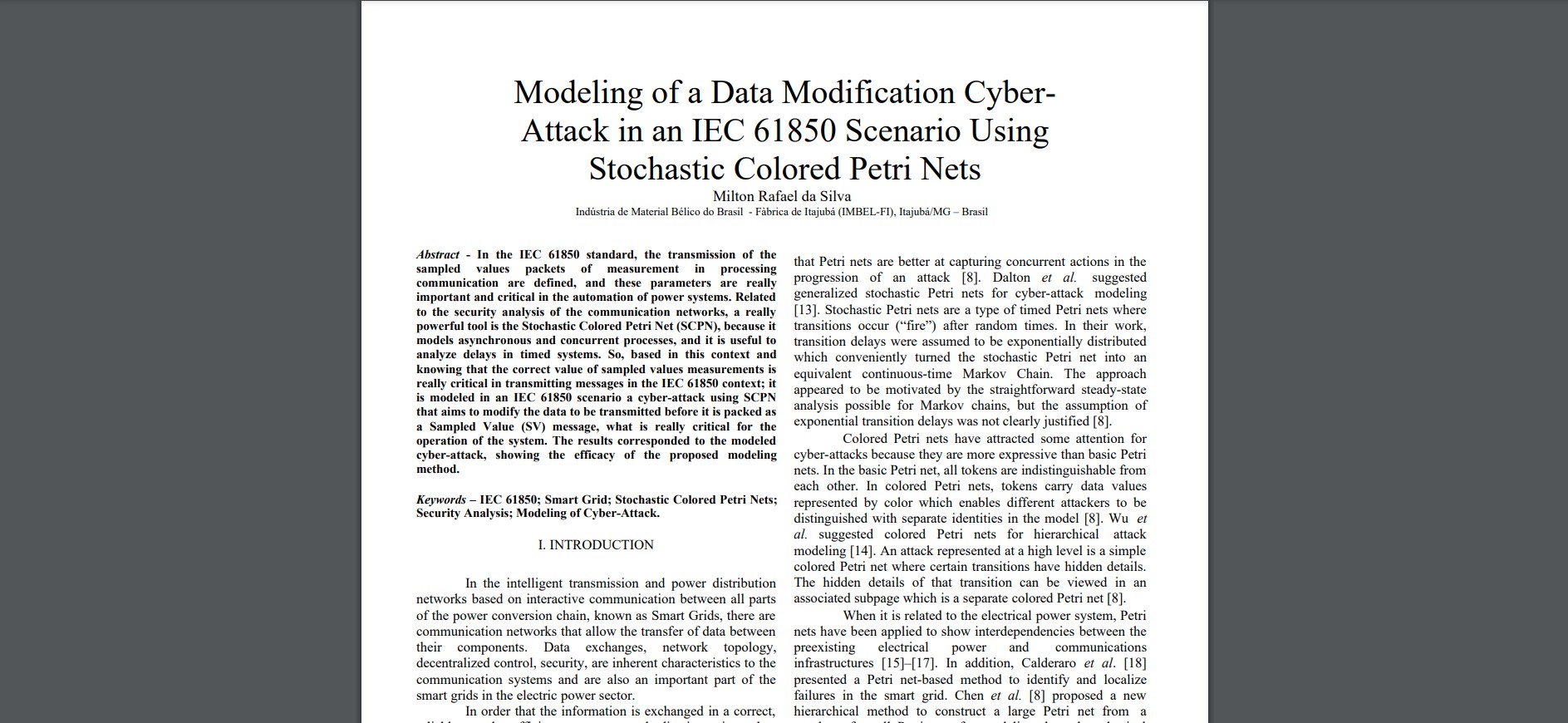 Modeling of a Data Modification Cyber-Attack in an IEC 61850 Scenario Using Stochastic Colored Petri Nets