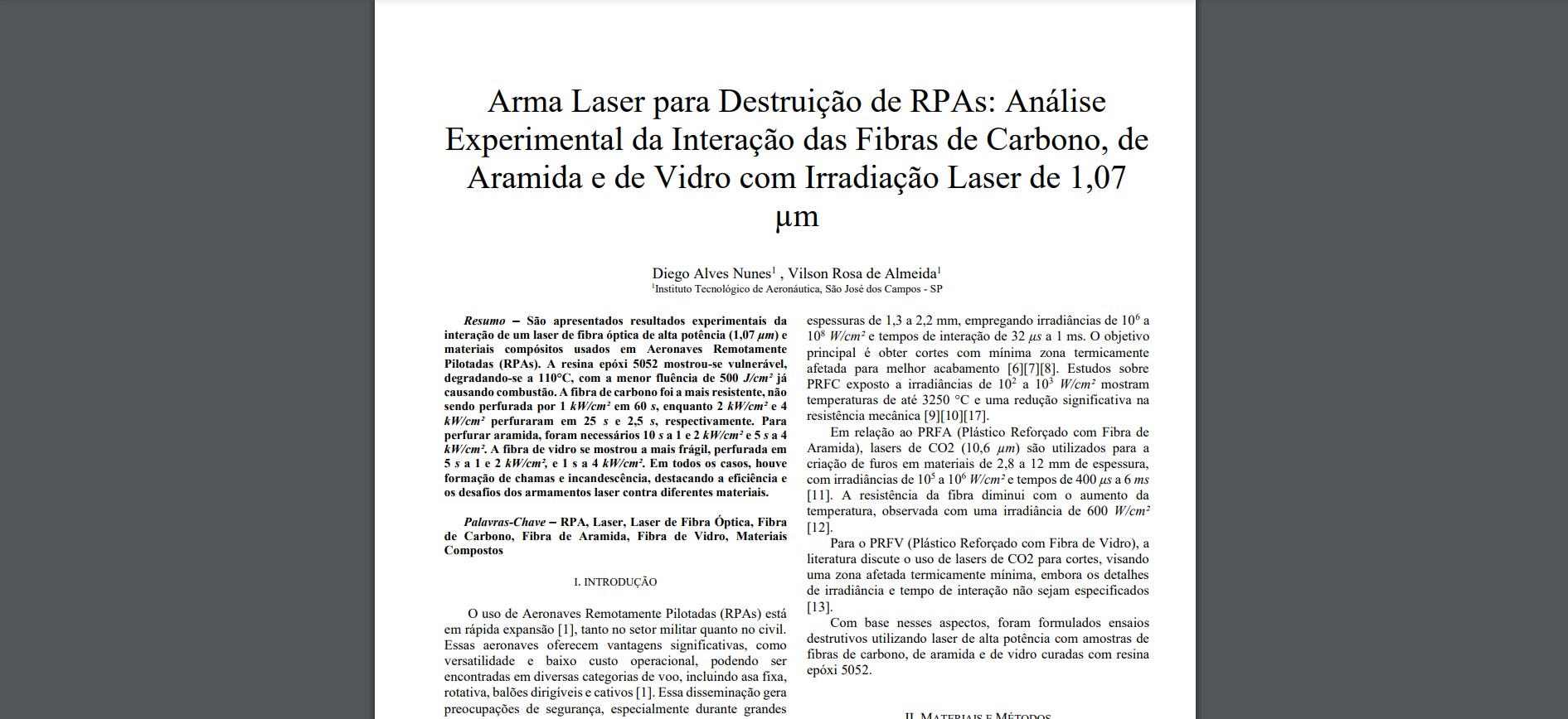 Arma Laser para Destruição de RPAs: Análise Experimental da Interação das Fibras de Carbono, de Aramida e de Vidro com Irradiação Laser de 1,07 µm